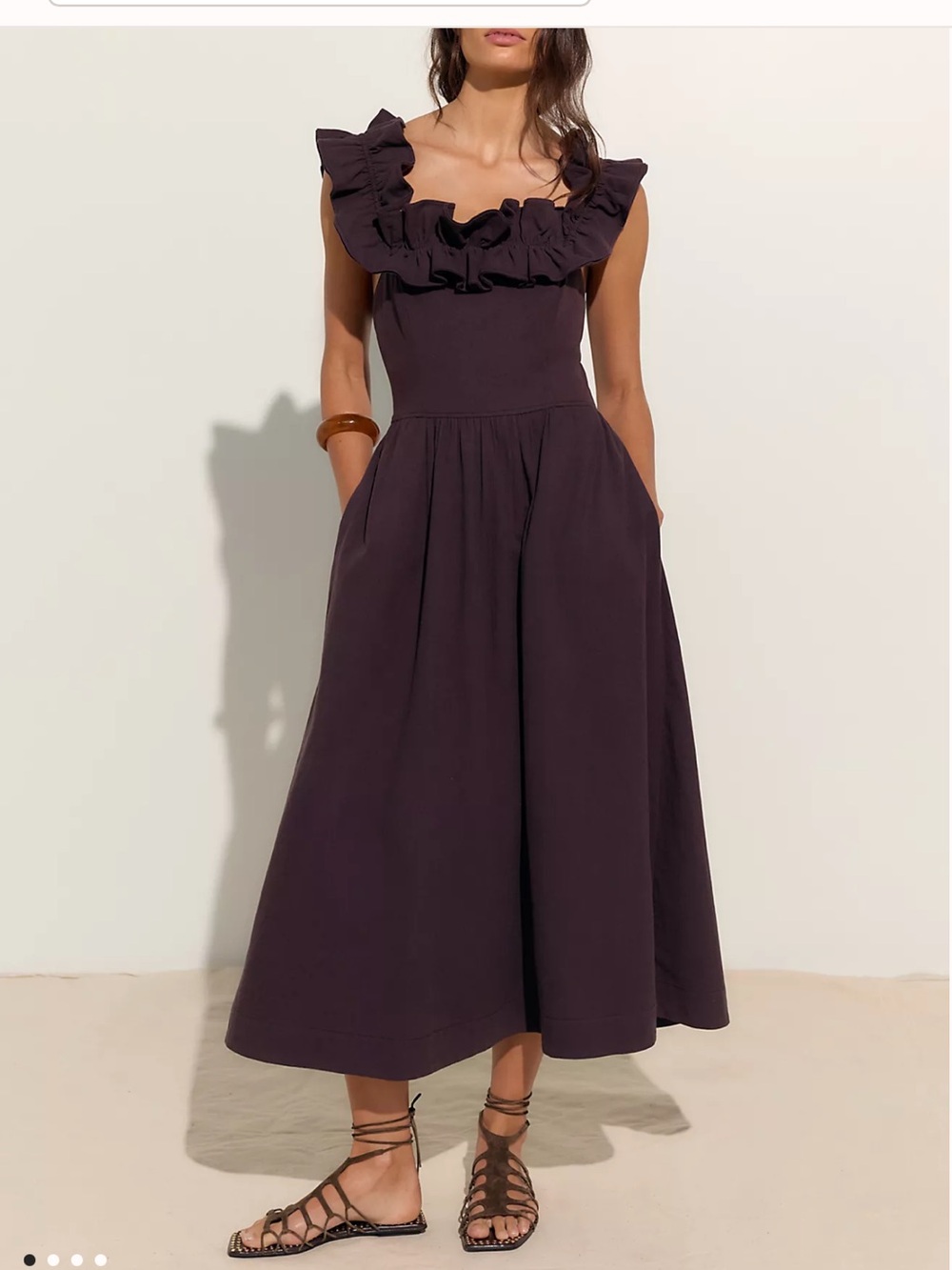 Free People Brown Ruffle-Trim Midi Dress with Pockets